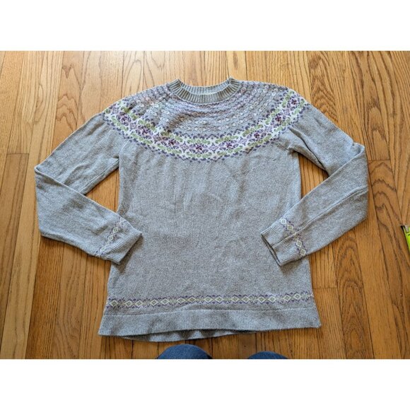 Appleseeds Womens Gray Fair Isle Knit Sweater M 100% Wool Floral Pattern - Picture 2 of 7